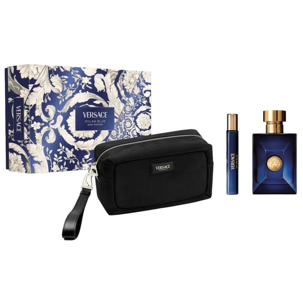 Dylan Blue by Versace Mens Gift Set 3.4oz EDT Spray, 10ml Travel Spray and Pouch